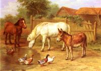 Edgar Hunt - Ponies Donky and Ducks In A Farmyard